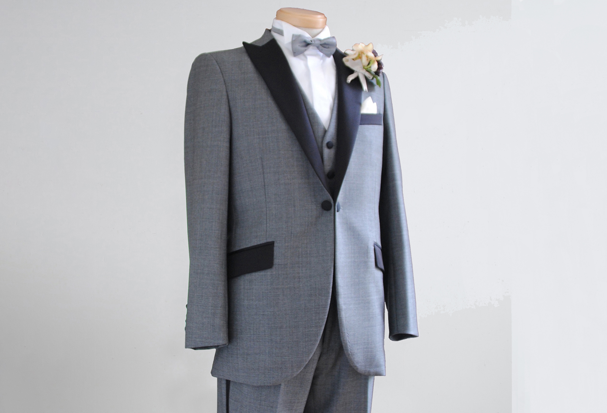 gray peaked lapel tuxedo